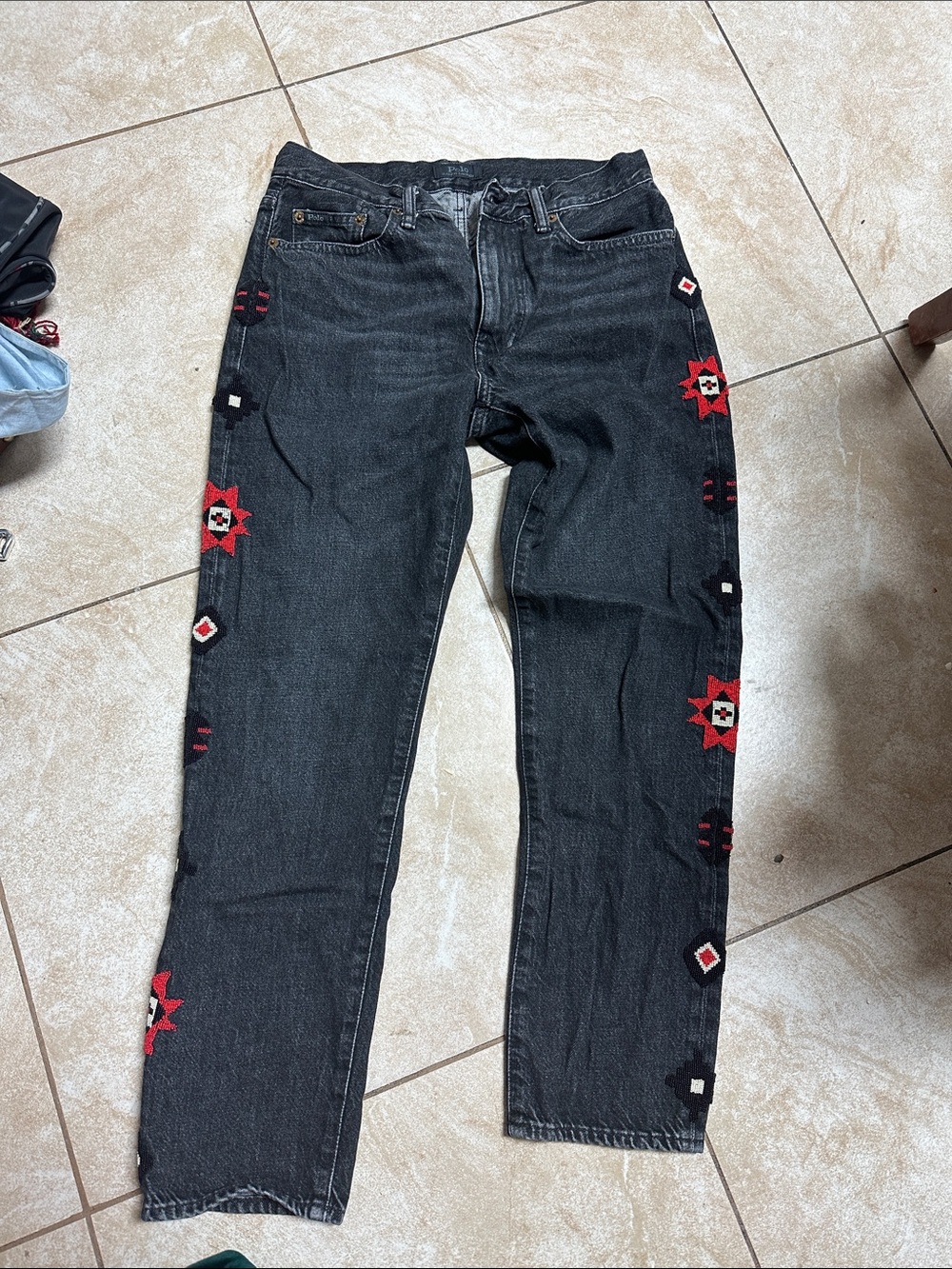Polo by Ralph Lauren Black Straight-Leg Jeans with Red Embroidered Accents